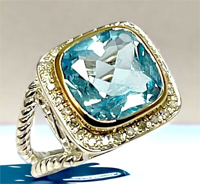 ATC 14K GELBGOLD 925 STERLINGSILBER BLAUTOPAS NATÜRLICHER DIAMANT HALO RING - 6