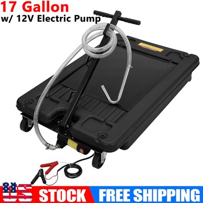 17 Gallon Oil Drain Pan Low Profile Portable Waste Change w/ 12V Pump 8' Hose