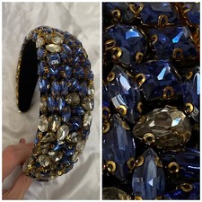 Bridal Quinceanera Large Blue and Gold Heavy Beaded Crystal Rhinestones Headband
