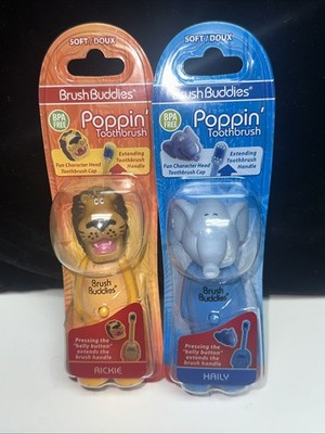 2 PACK Brush Buddies Poppin' Kids Toothbrush  LION & ELEPHANT--NEW
