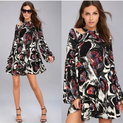 Free People Drift Away Halter Neck Dress XS Cold Shoulder Long Sleeve Abstract