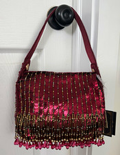 Women  s Burgundy Beaded Sequin Shoulder Bag Fringe Zip Closure Party/Cocktail