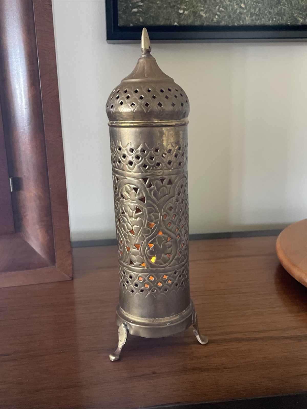 Vintage Etched Brass Pointed Top Done Candle Stick Enclosed 