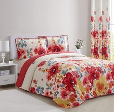 3 PC Floral Printed Red and Beige Reversible Bedspread Quilt Set Coverlet and...