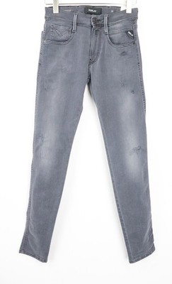REPLAY Anbass Herren W28/L32 Grau Hyperflex Jeans Slim Fit Stretch Distressed *