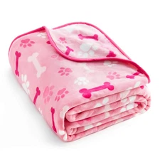 32 x 24 Dog Blanket, Pink Paw, Bone, 350 GSM Microplush Fleece, Fuzzy, Soft