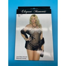 Elegant Moments Black Lace Babydoll Set Style 1362Q Queen Size 1X-3X Lingerie