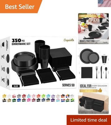 350 Pcs Black Plastic Plates For Party, Black Disposable Plates Set, 50 Of Ea...