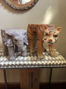 Vintage Elephant & Tiger Jungle Safari Animal Plant Stands