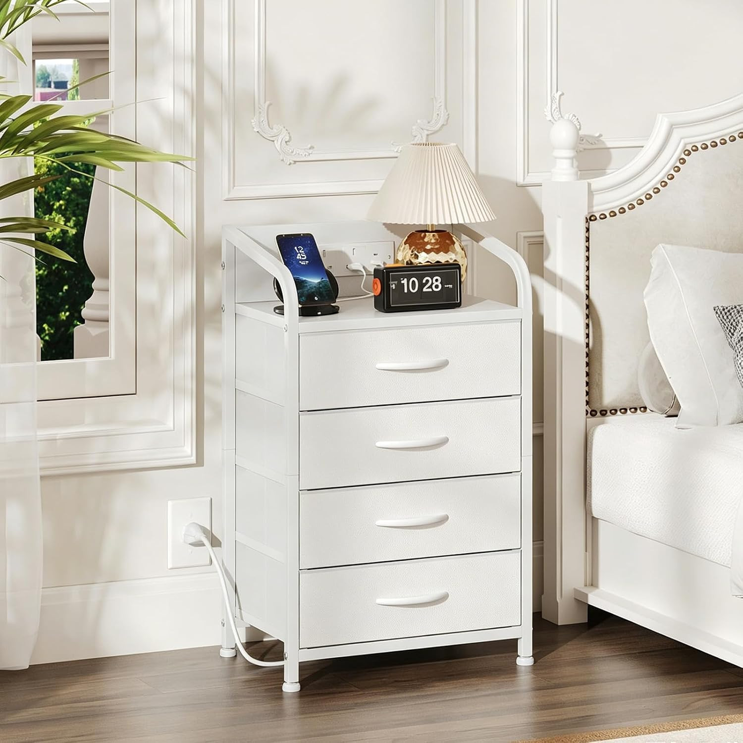 Bedside Table Cabinet with Drawers and Charging Station, Small Nightstand