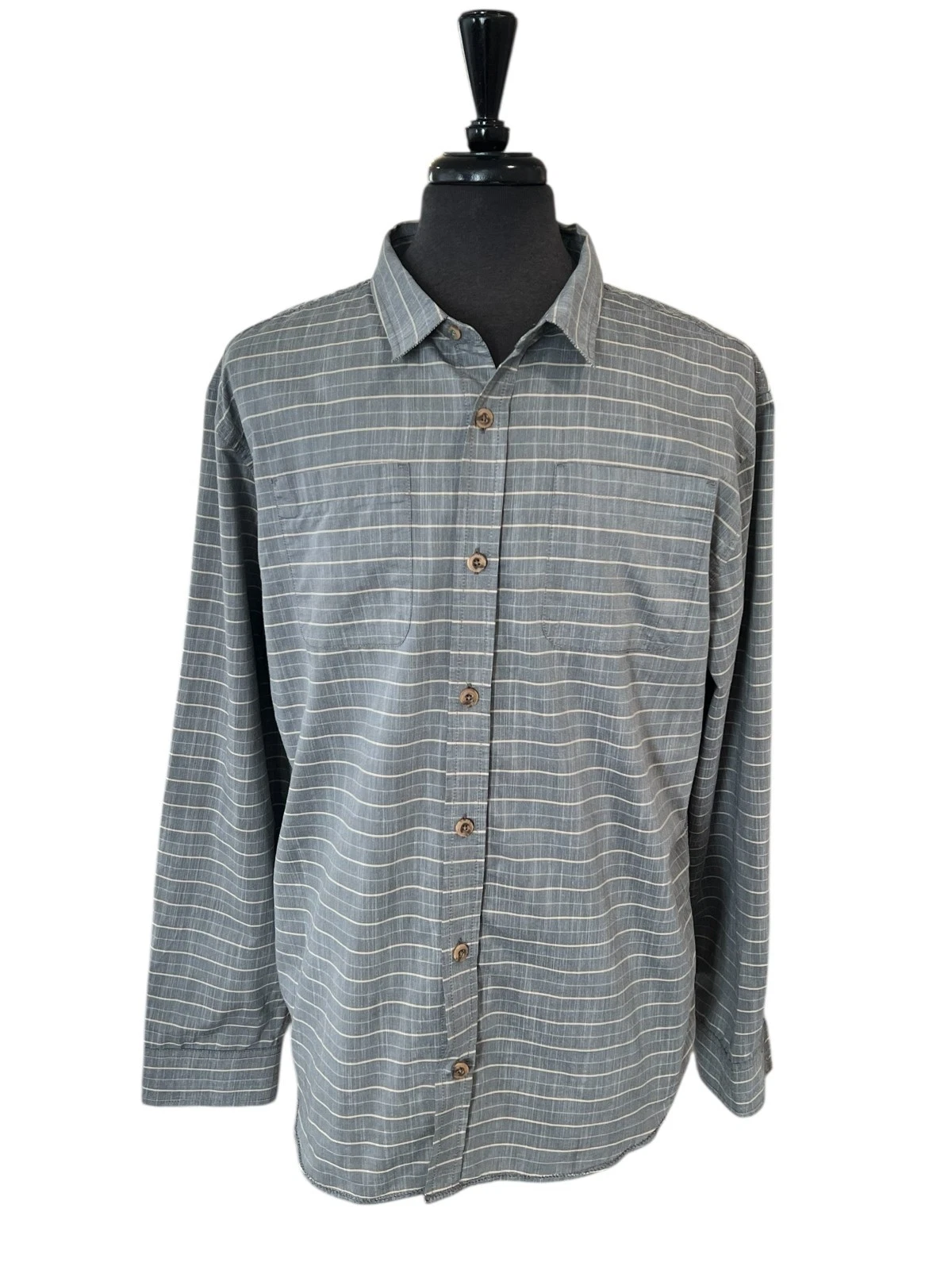 Prana Mens SZ-XL Slim Fit Shirt Long Sleeve Grey Horizontal Stripe Utility READ