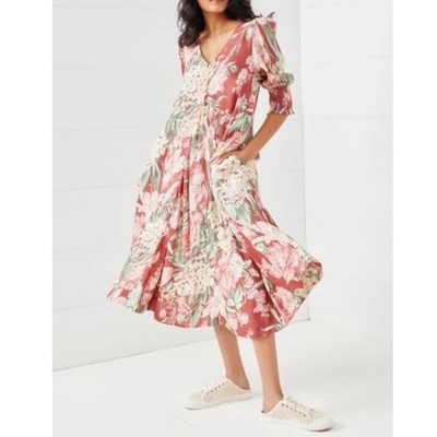 Binny Dress Size 8 XS Linen Midi Floral Print Belted Queen Charlotte Puff Sleeve