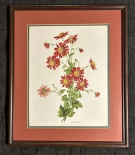 Vintage Floral Print Artist Signed Framed And Matted Under Glass 19”x 16”