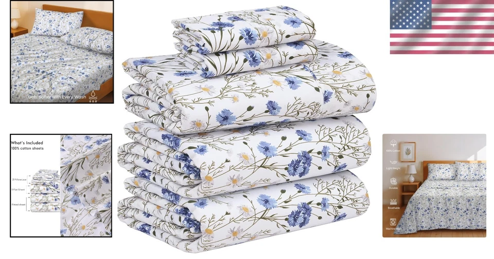Hotel Standard Split King Sheets - 100% Cotton, 5Pcs, Floral - Image 2 of 4