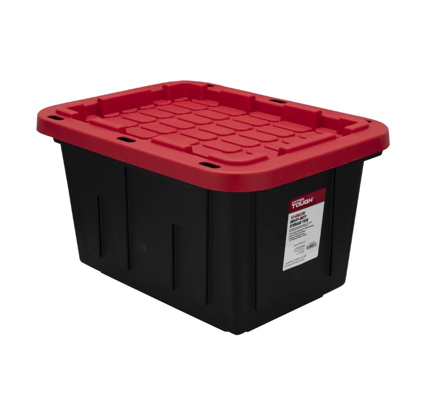 Hyper Tough 12-Gallon Stackable Black Red Plastic Storage Bin with Snap Lid  