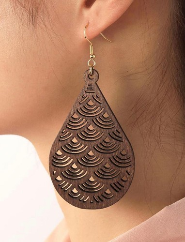 Earrings 925 ECO organic big Wooden Round Hollow Cut Out Boho Retro Dangle Drop - Picture 40 of 89