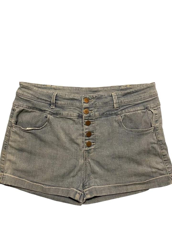LOVE FIRE Blue Denim Button Fly Shorts Cuffed High Waist Stretch Juniors Size 15 - Image 2 of 4