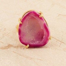Natural Double Layer Ring Pink Geode Druzy Gold Plated Statement Adjustable Ring
