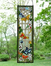 10" x 36" Tiffany Style stained glass window panel Butterfly Garden Flower