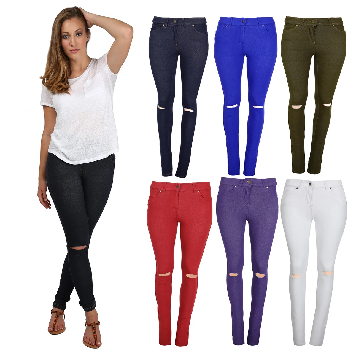 NEW LADIES RIPPED SKINNY FIT COLOURED STRETCHY JEANS WOMENS