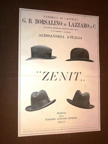 Pubblicità d'Epoca dei primi del 1900 Cappelli Zenit - Borsalino fu Lazzaro  | eBay