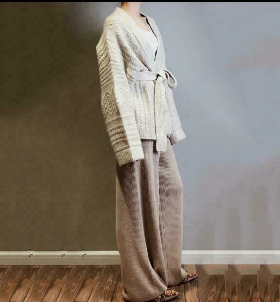 Stylish Women's 100% Cashmere Wool Wide Leg Pants High Waist Trousers Elegant - Image 3 of 4