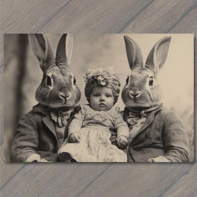 STICKER Surreal Bunnies Baby Holding Victorian Odd Fantasy Creepy Weird Rabbit