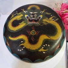 Antique vtg Cloisonne Enamel Dragon Design Lidded Box/Bowl Round Large 7.5"-READ