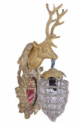 Wandlampe Kristalle Wandleuchte Hirsch Wandapplik Gold Jagdtrophäe Lampe Antik - Bild 1 von 4