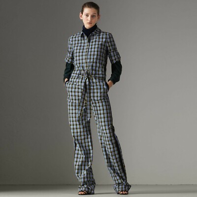 Authentic Burberry Jumpsuit Check Tie Waist Azure Blue Silk Cotton