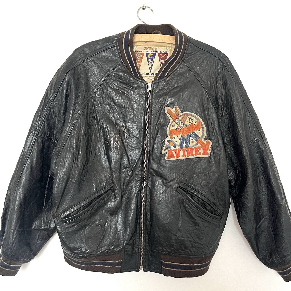 Avirex Jacket Leather Varsity Indian Head Oorang Indians L Avirex Jacket Leather Varsity Indian Head Oorang Indians L