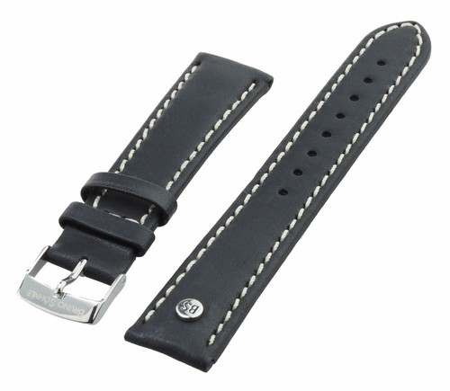 Bracelet De Montre Cuir Véritable Noir 18 Mm - Coutures Blanches Façon Requin - Neuf