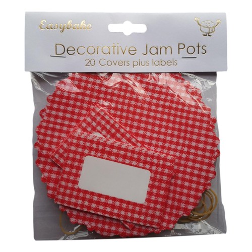 20 Red Gingham Jam Pot Covers, Wax Discs, Rubber Bands and Self