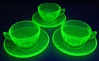 Federal Glass HOSTESS  Uranium Green  3 Cup & Saucer SETs Depression 1930