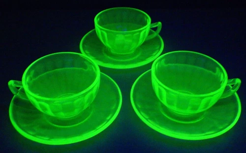 Federal Glass HOSTESS  Uranium Green  3 Cup & Saucer SETs Depression 1930