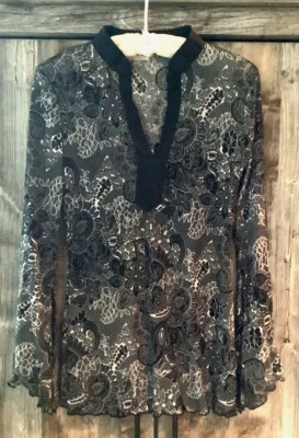 Womens Vintage MKM Slit Bell Sleeves Mandarin Collar Semi Sheer Paisley Tunic M