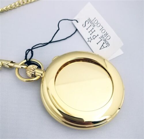 Alphis Schweizer Taschenuhr Gelbgold vergoldet mit Sockel + Kette - Bild 5 von 6