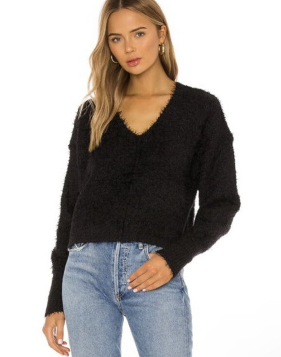 NWT Free People Black Icing V Neck Eyelash Knit Long Sleeve