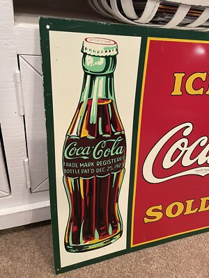 Coca-Cola アイスコールドサイン Vintage Coca - Cola Tin Metal 20 X 28 sign Ice Cold Sold