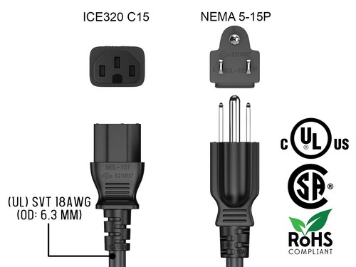Cable Leader 7FT Heavy Duty Power Cord NEMA 5-15P to IEC320 C15 14AWG SJT 15A - Picture 5 of 6