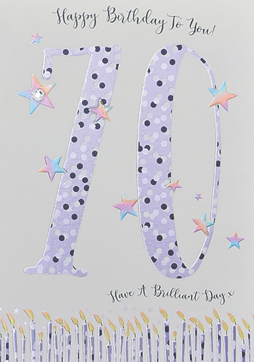 Rainbow Stars Happy 70th Birthday Card – Stylish Modern Card with Real Gemstones