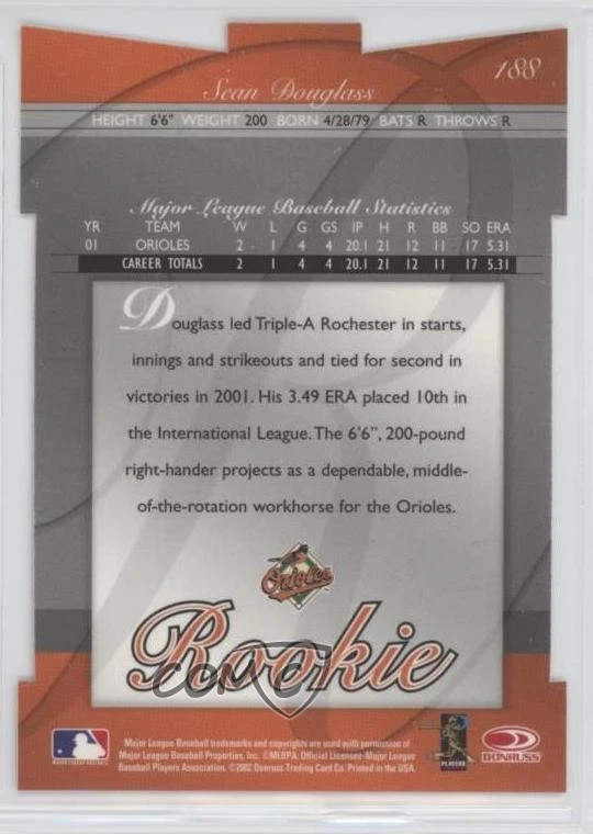 2002 Donruss Elite Rookie Status Die-Cut /53 Sean Douglass #188 - Image 2 of 2