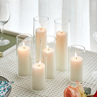 Set of 6 White Pillar Candles with Clear Glass Hurricane Holders- Elegant Cyl...