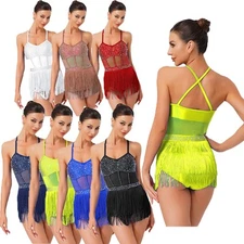 Womens Bodysuit Carnival Dress Sexy Dancewear Sheer Rhinestone Competition Mesh