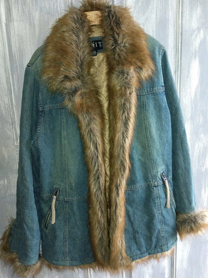 VINTAGE MIXIT BRAND BLUE DENIM FAUX FUR TRIM QUILTED LINING COAT JACKET SIZE XL - Image 4 of 4