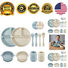 Silicone Baby Feeding Set 2 Suction Plates 2 Bowls 2 Cups 2 Spoons Blue White