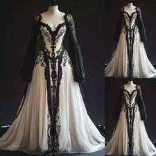 Gothic Wedding Dresses Champagne and Black Long Sleeves Full Length Bridal Gowns
