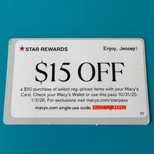Macy's Star Rewards $15 Off Coupon (Expires: 01/03/26)