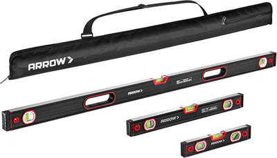 ARROW 3-Piece Spirit Level Set Included 9''/16''/48'' Level with 45°/90°/180° Bubbl