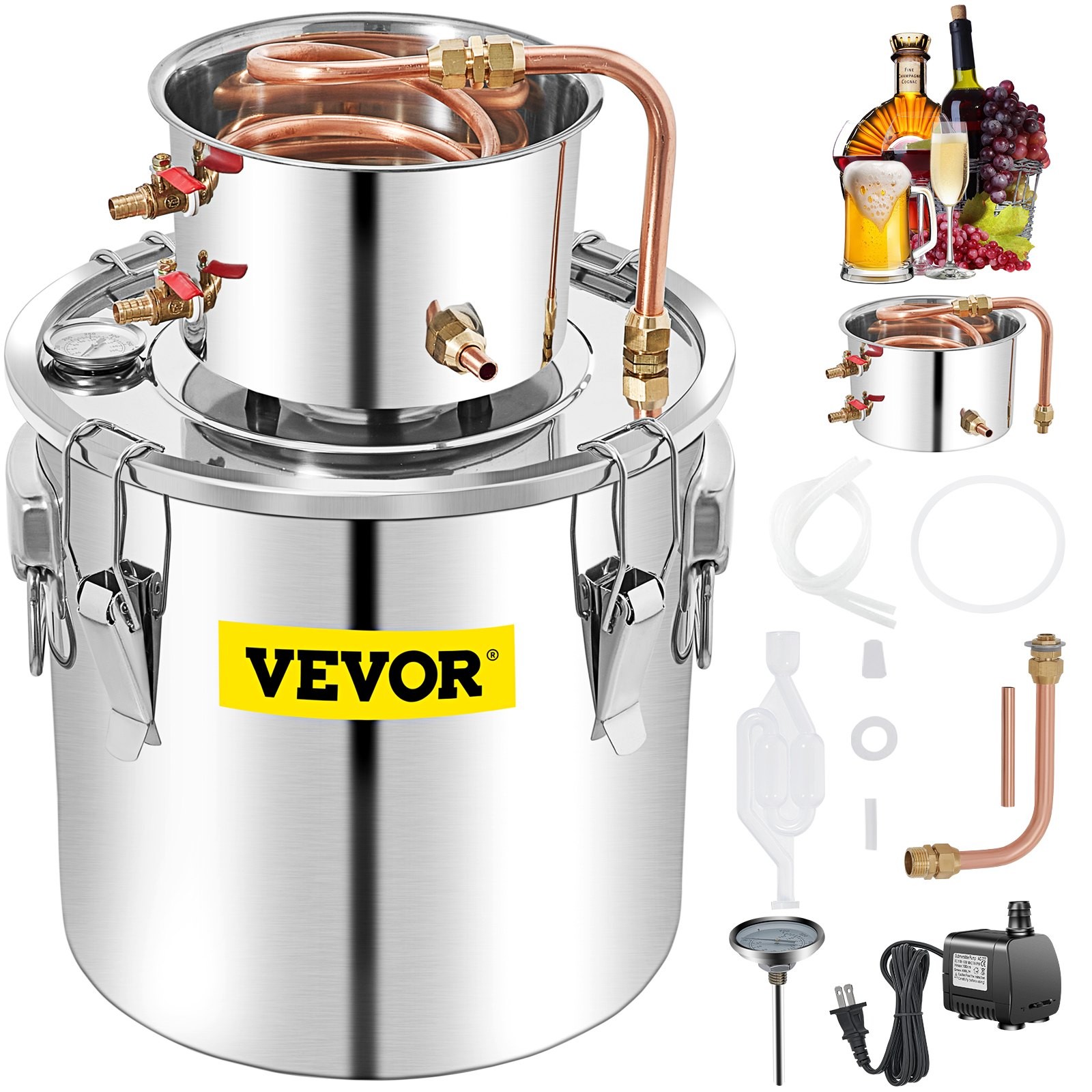 Alcohol Still 50L Distillery Kit W/Condenser & Pump 13.2Gal W/Copper Tube